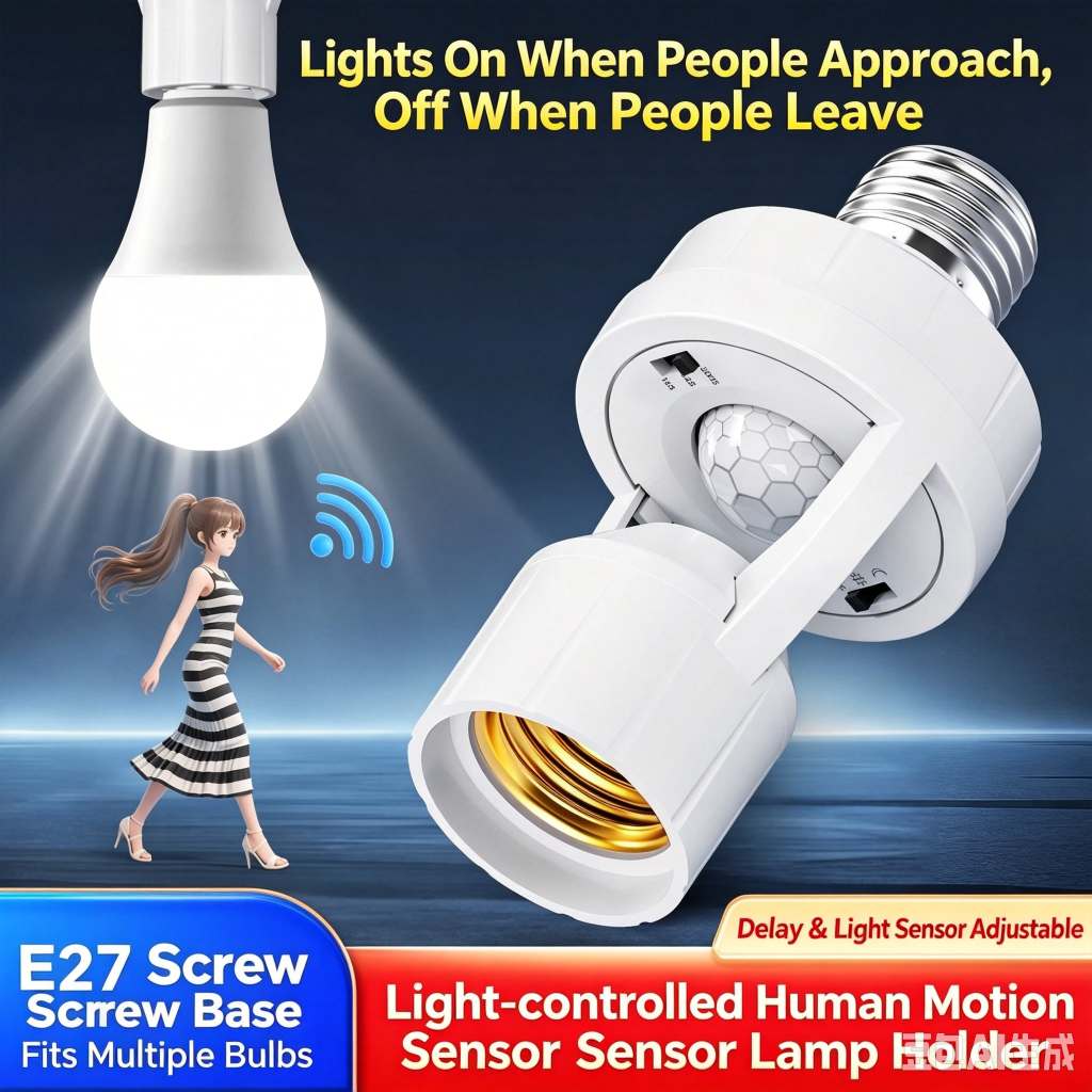 E27 Human Body Sensor Lamp Holder, lights on when people come and off when people leave, light-controlled lamp base, adjustable delay and light sensitivity, no wiring required for smart installation in bathrooms and stairwells