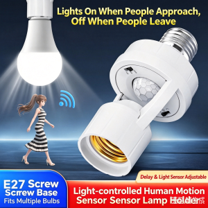 E27 Human Body Sensor Lamp Holder, lights on when people come and off when people leave, light-controlled lamp base, adjustable delay and light sensitivity, no wiring required for smart installation in bathrooms and stairwells